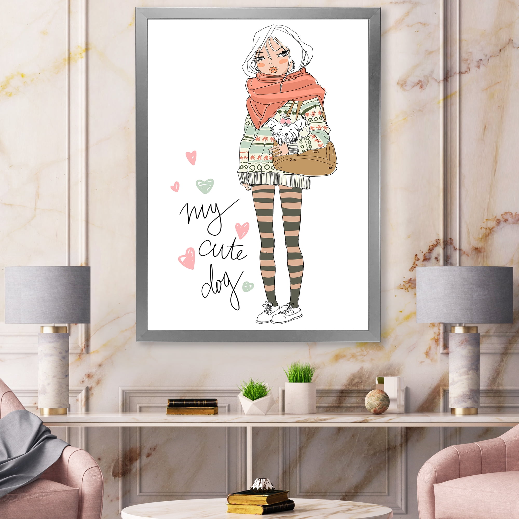 Designart 'My Cute Dog Cute Girl With Dog' Shabby Chic Framed Art Print