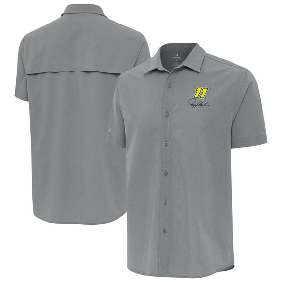 Men's-Antigua  Gray Denny Hamlin Activate Woven Short Sleeve Button-Up Shirt