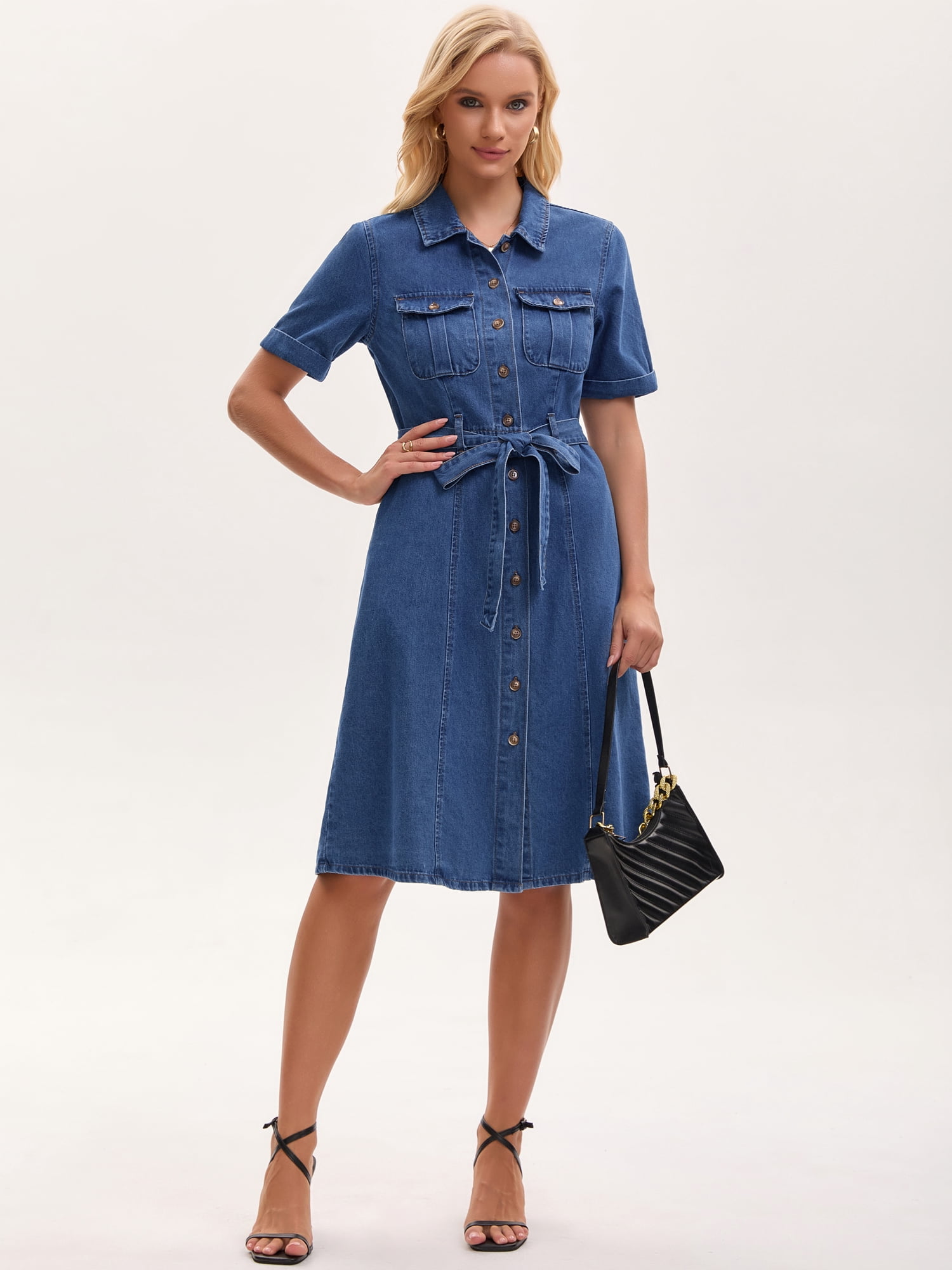 DARING DIVA Women's Denim Button Down Short Sleeve Belted Jean Shirt Dresses S Blue