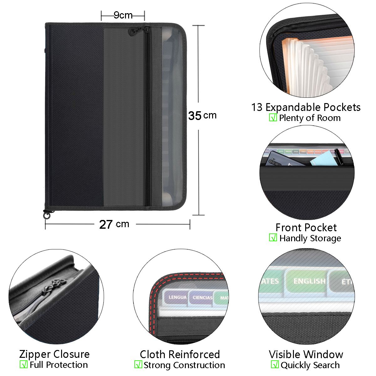 Tranbo 13-Pocket Expanding File Folder with Zipper, Black photo 2
