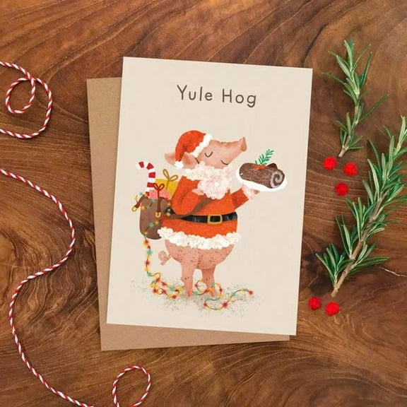Yule Hog Christmas Card – Cute Pig in Santa Outfit with Yule Log – Blank Inside, Envelope Included – Perfect Holiday Greeting Card for Friends and Family