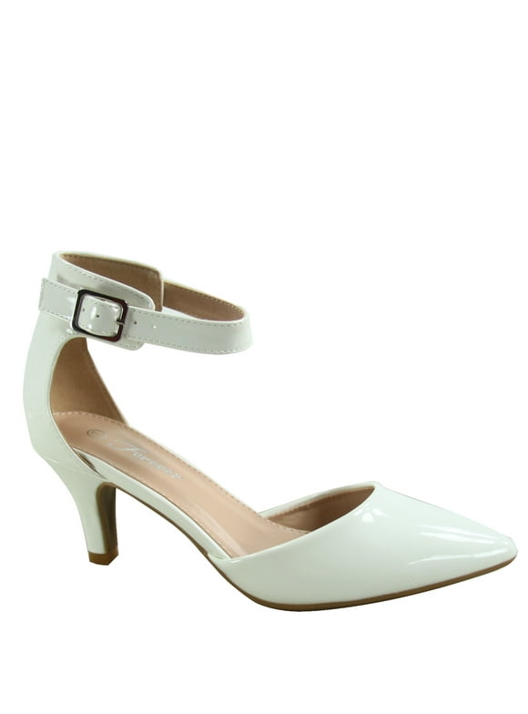 Sunrise-37 Women's Ankle Strap Buckle Pointy Toe Stiletto Low Heel Pumps Shoes ( White, 8.5 )