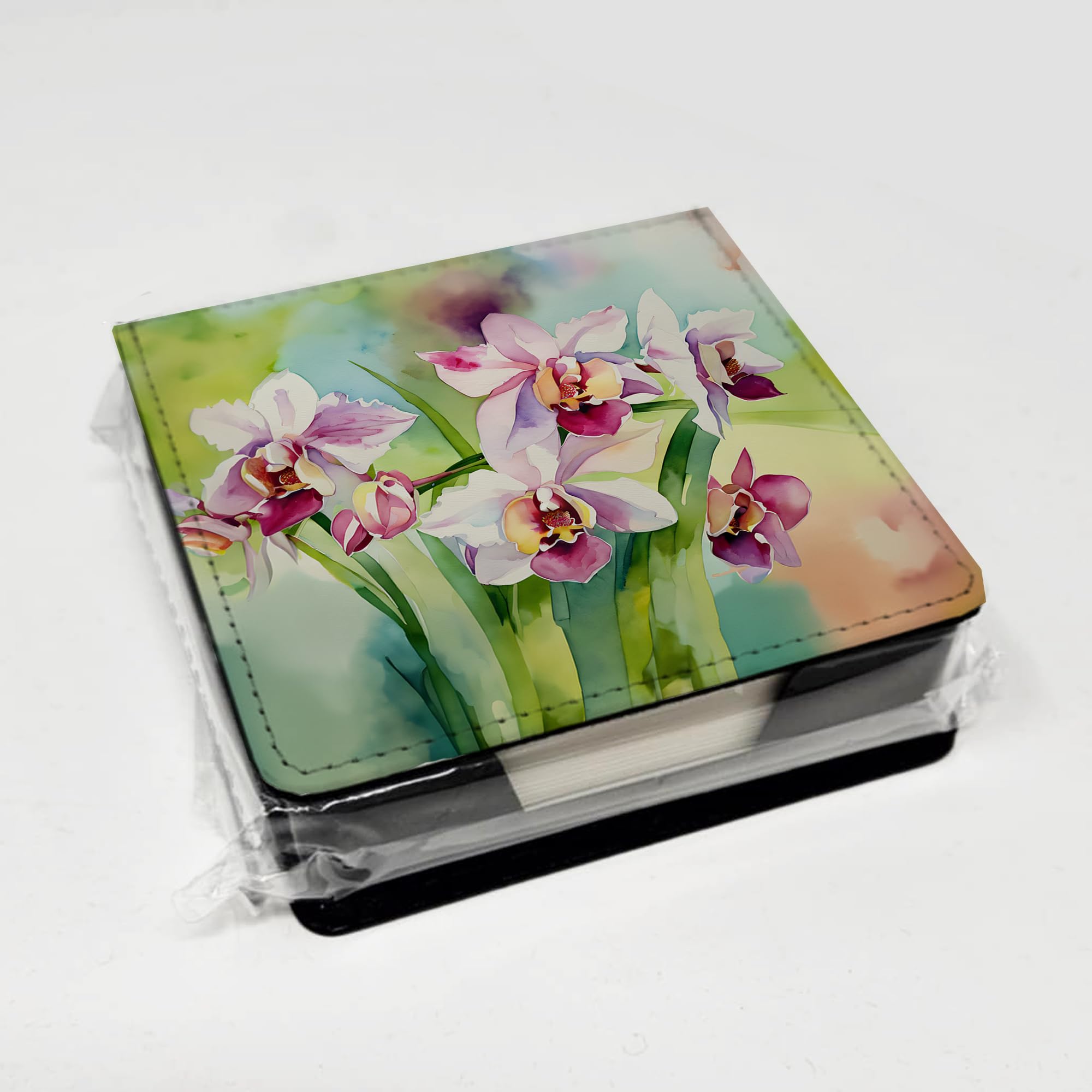 Caroline's Treasures Orchids in Watercolor PU Leather Note Paper Holder with Artist-Designed Cover, Desk Accessory, Office Gift
