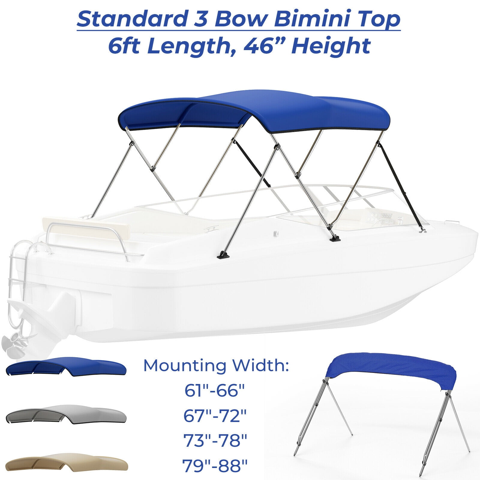 KEMIMOTO 3 Bow Bimini Top with Rear Support Pole Fits Wide V-Hull Fishing Ski Boat Runabout Marine Bass Boats for 61-66/67-72/73-78 /79-84 Width