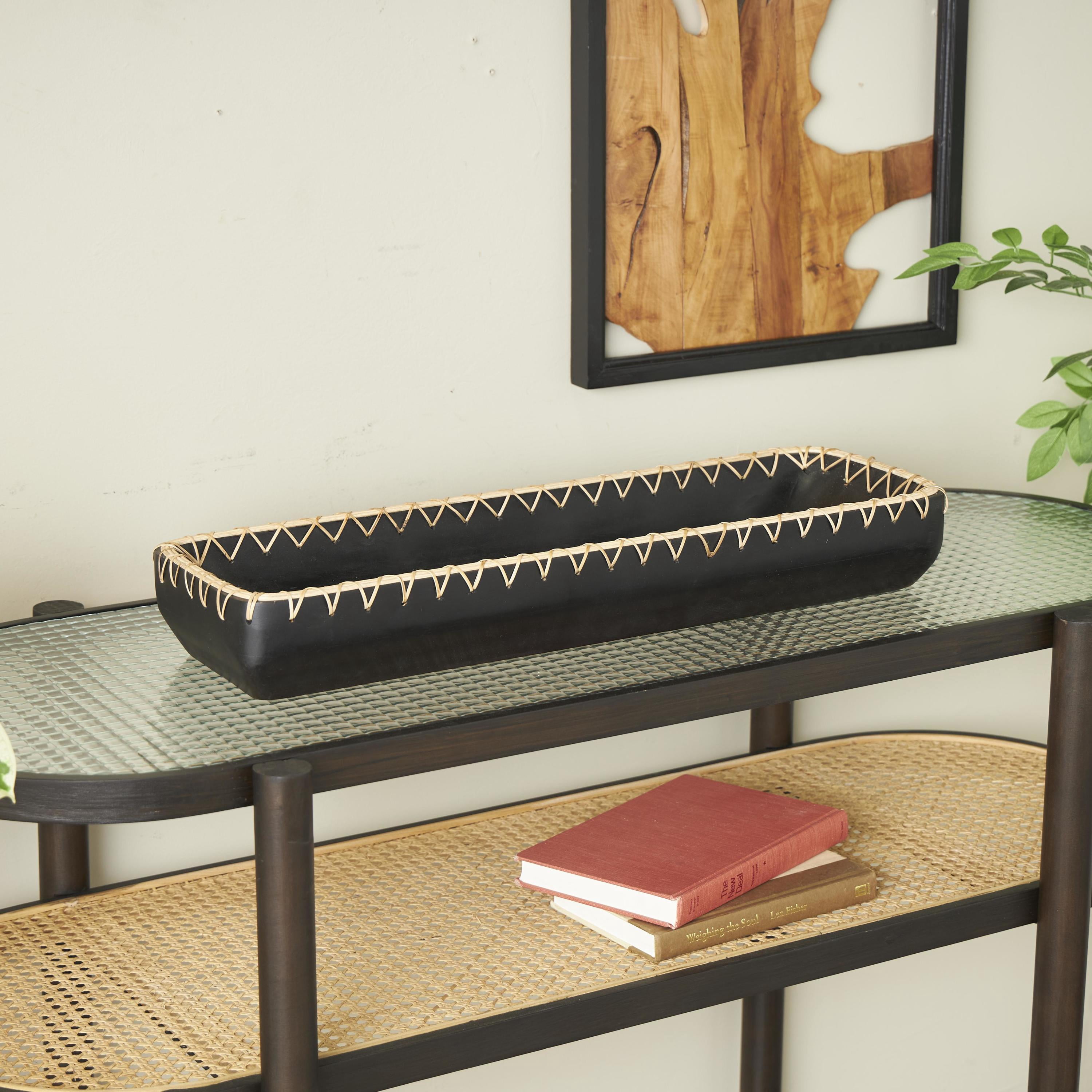 DecMode 24" x 7" Black Mango Wood Handmade Nesting Tray with Hand Sewn Seagrass Accents, 1-Piece