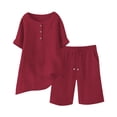 thumbnail image 4 of Gamivast 2 Piece Summer Outfits for Women Casual Linen Textured Short Sleeve Henley Shirt and Drawstring Shorts Set Loose Fit Lounge Tracksuit Vacation Streetwear Red S, 4 of 7