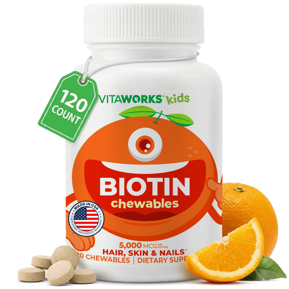 VitaWorks Kids Biotin 5000mcg Chewable Tablets, Dietary Supplement, 120 Chewables