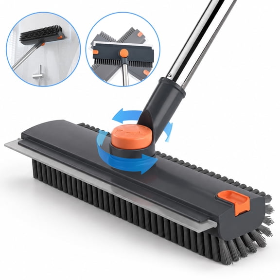Yalumo Floor Scrub Brush with Long Handle, 3 in 1 Heavy-Duty Stiff Bristle Scrubber with Squeegee, Shower Brush for Cleaning Bathroom, Tile, Shower, Patio, Garage, Kitchen & Deck (Gray)