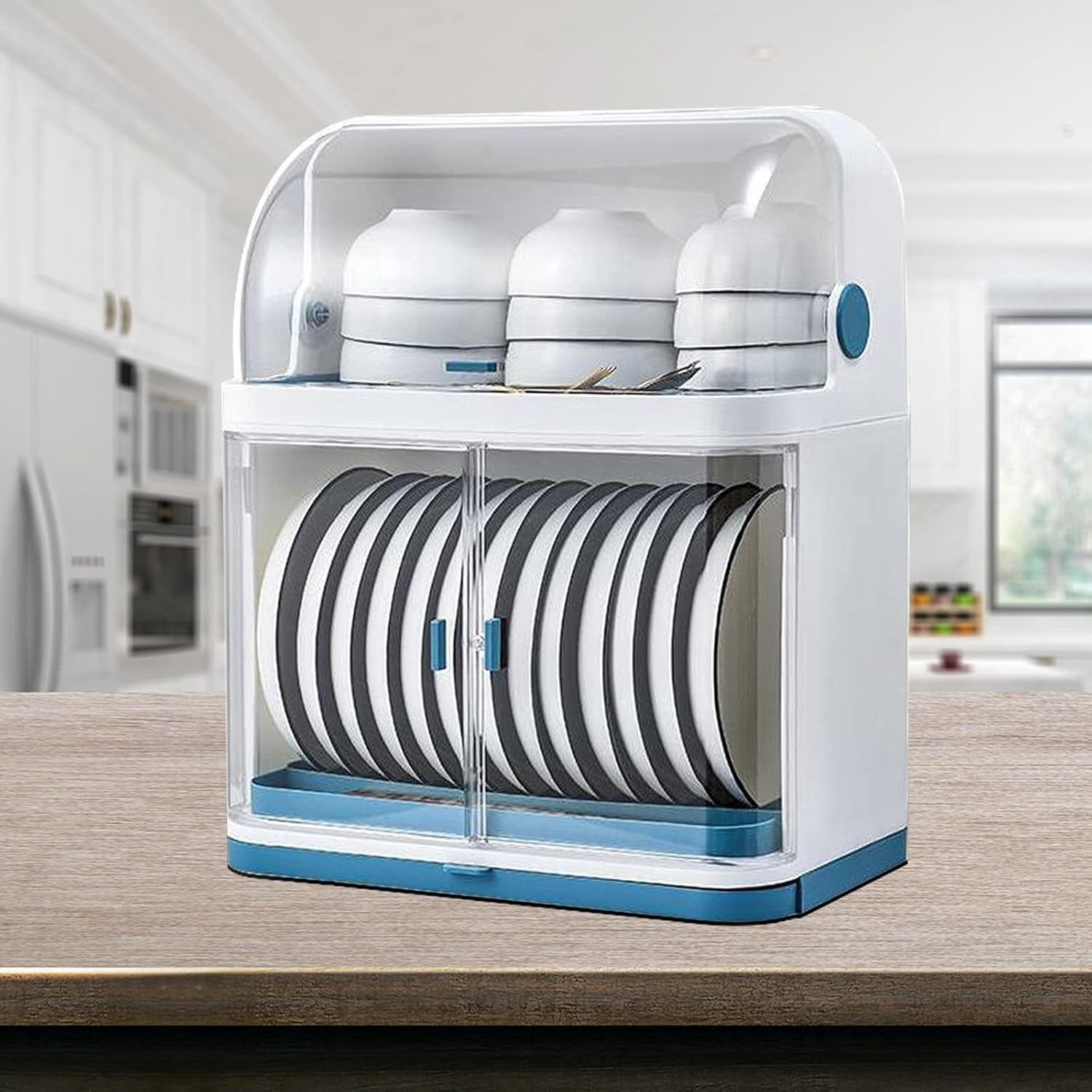 Miumaeov 2 Tier Dish Racks with Lid Cover for Kitchen Counter Plastic Kitchen Cabinet Organizer Dish Drying Rack Utensil Holder Plates Bowls