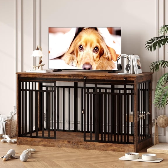 55 Inch Dog Crate TV Stand - Metal and Wood Kennel Table with Sliding Door - Food Bowl Included - Rustic Brown