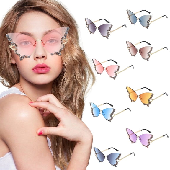 Luxury Diamond Butterfly Sunglasses Women Vintage Rimless Oversized Rhinestone bling Sun Glasses Ladies Y2K Eyewear Red