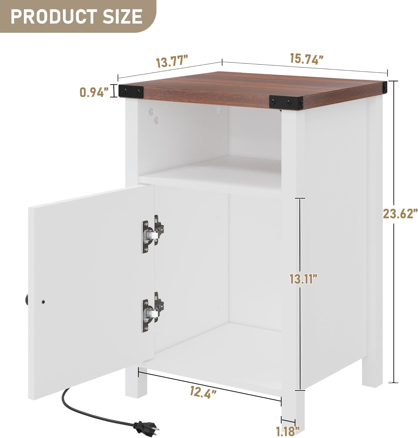 Farmhouse LED Nightstand Set of 2 with Charging Station, Rustic End Table with Barn Door & Storage Shelf, Bedside Table for Bedroom, Living Room, White