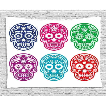 Day Of The Dead Decor Tapestry, Skull Oriental Mexican Sugar for Festive, Wall Hanging for Bedroom Living Room Dorm Decor, 60W X 40L Inches, Purple Fuchsia Indigo Turquoise Green, by Ambesonne