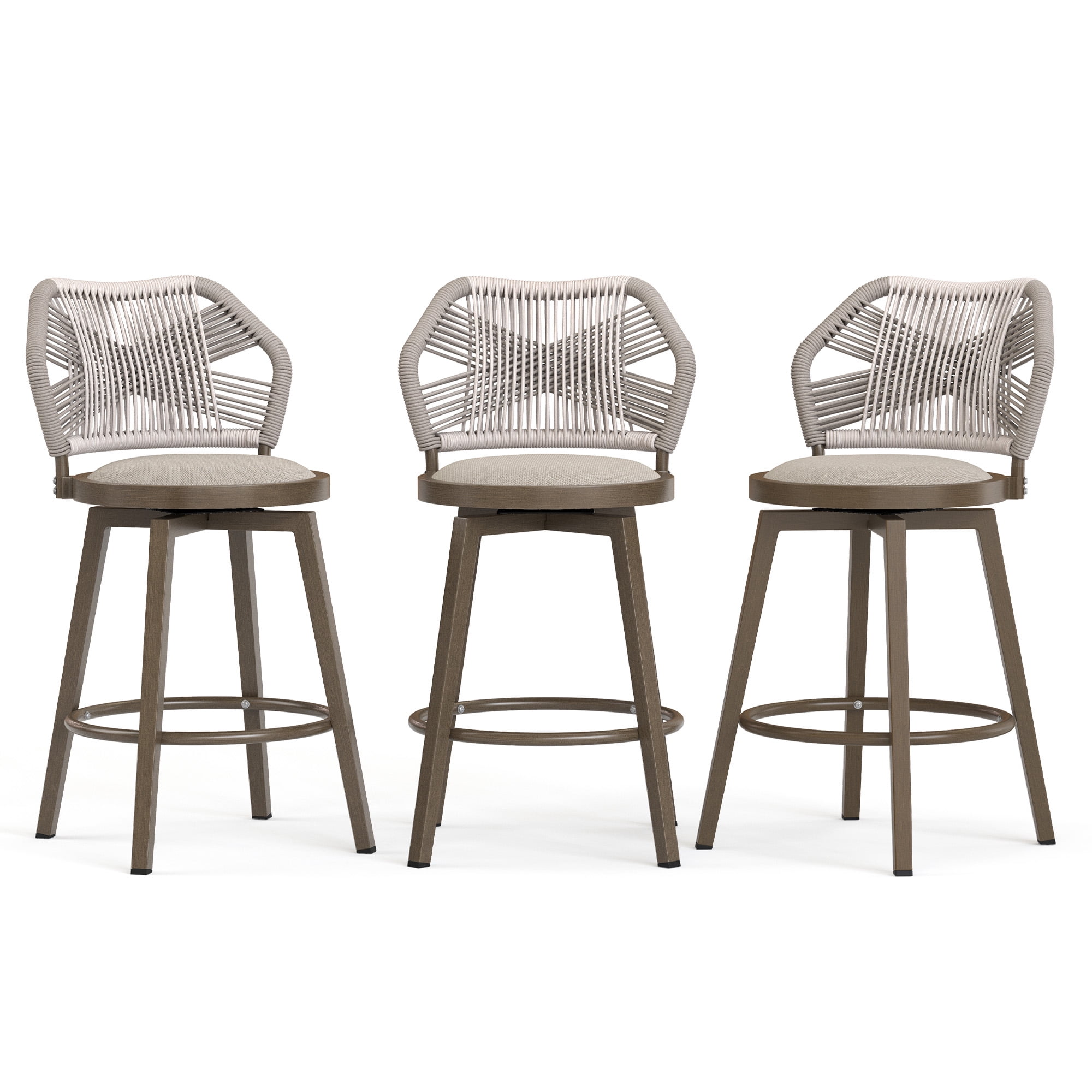 Dycanpo 26'' Swivel Bar Stools Set of 3, Counter Height Stools with Woven Backrest & Footrest, Beige