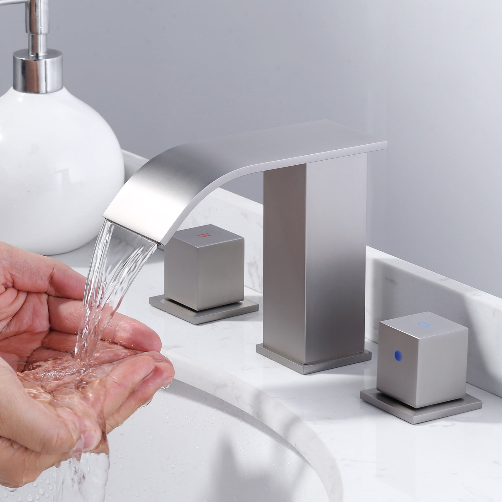 WOWOW Brushed Nickel Waterfall Bathroom Faucet - 8 inch Widespread Bathroom Faucets for Sinks 3 Hole, Modern 2 Handles Bathroom Sink Faucet with Pon up Drain and cUPC Supply Lines