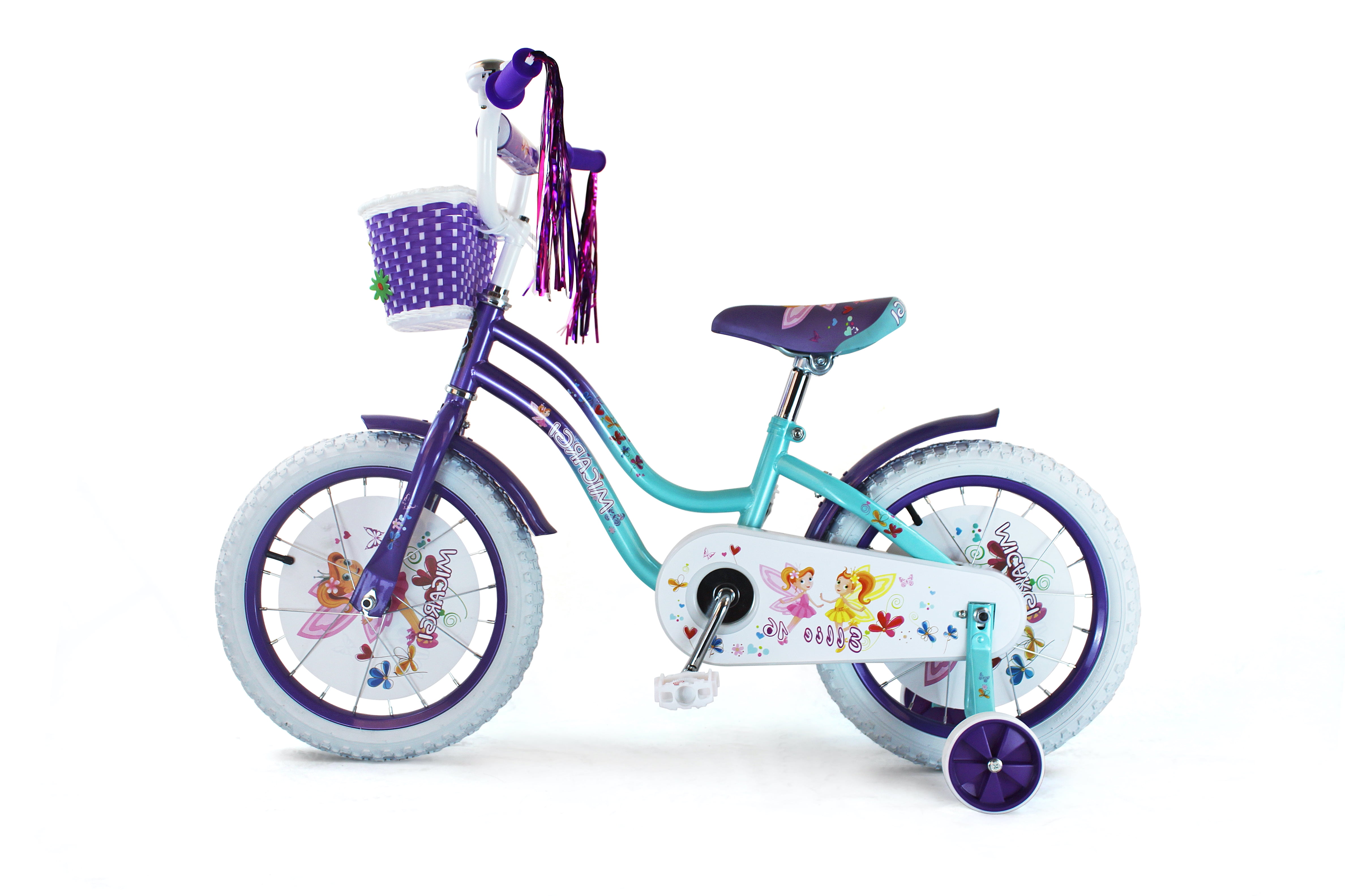 PlayWorld 16" Cruiser Steel Frame Bicycle Coaster Brake One Piece Crank, White Full cover Chain cover, Purple Baskets, Fenders & Rims, White Tire, Frame Kid's Bike - Baby Blue/Purple