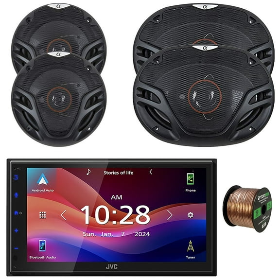 JVC KW-M695BW 6.8" WSVGA LCD Display Single-DIN Bluetooth USB/MP3 Digital Media Shallow Chassis Multimedia SiriusXM Ready Receiver, 2x 6.5" 350W Max Power Speakers, 2x 6x9" 500W Max Speakers W/Wire