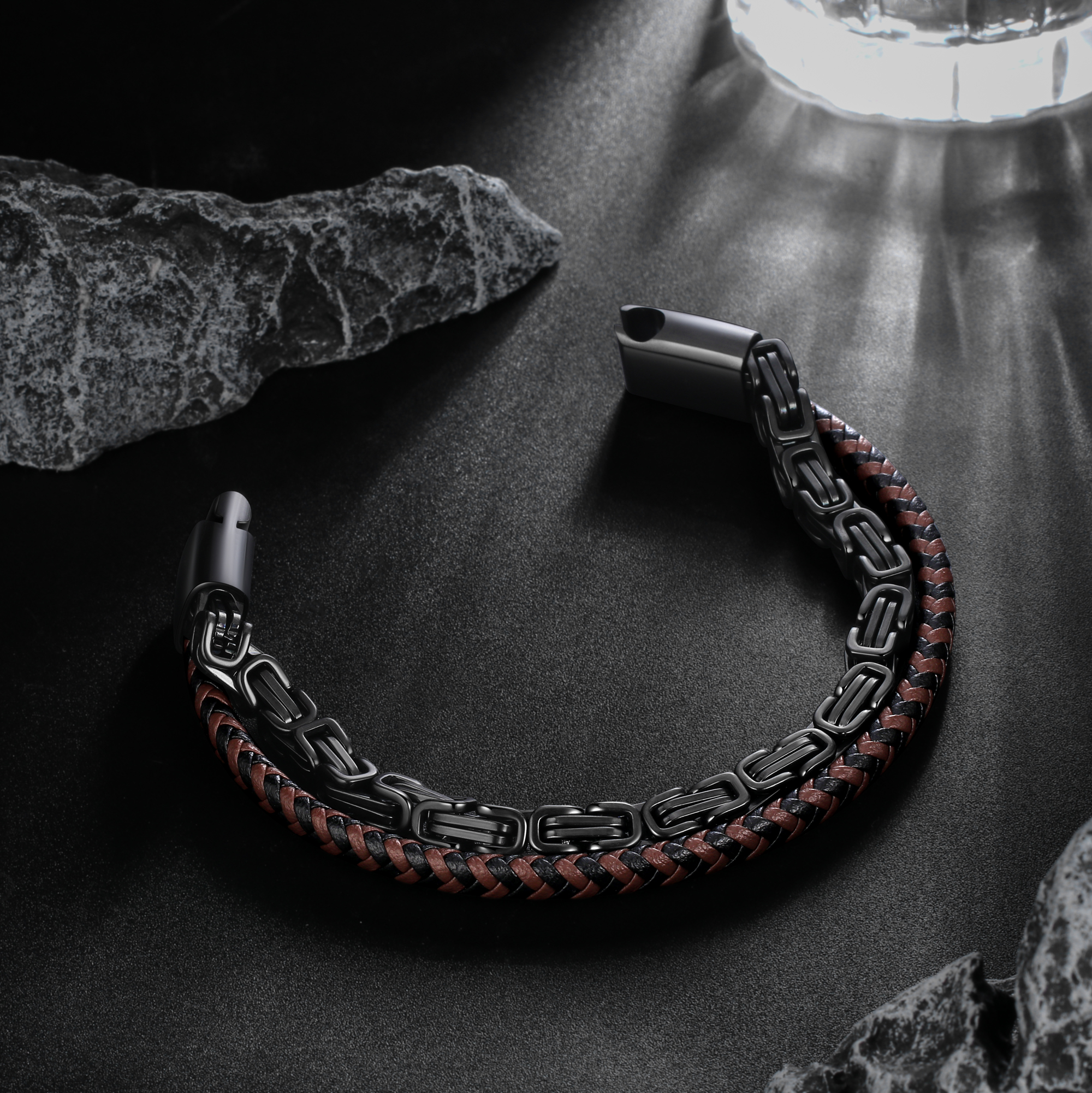 Jewmon Men's Black Stainless Steel and Leather Link Bracelet photo 4