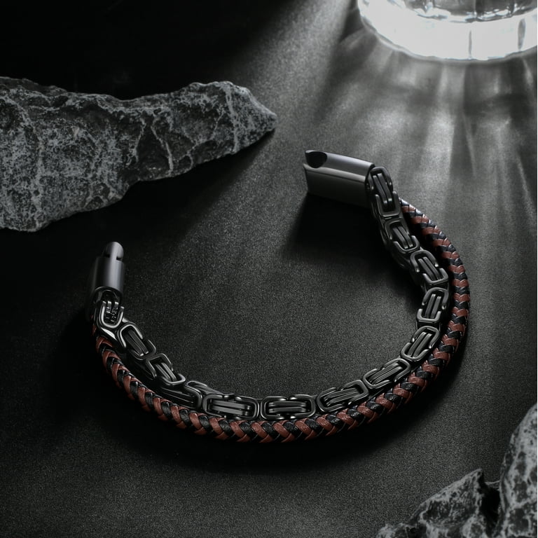 Jewmon Men's Black Leather and Stainless Steel Bracelet, Magnetic