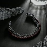 Jewmon Mens Bracelet Black Link Stainlee Steel and Leather Bracelet for Men Son and Dads Gift