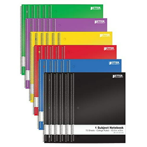 Cuadernos 1 materia, paq. 24, rayado uni, 70 hojas, 8 x 10.5 pulg., Better Office Products, 6 colores primarios, paq. 24