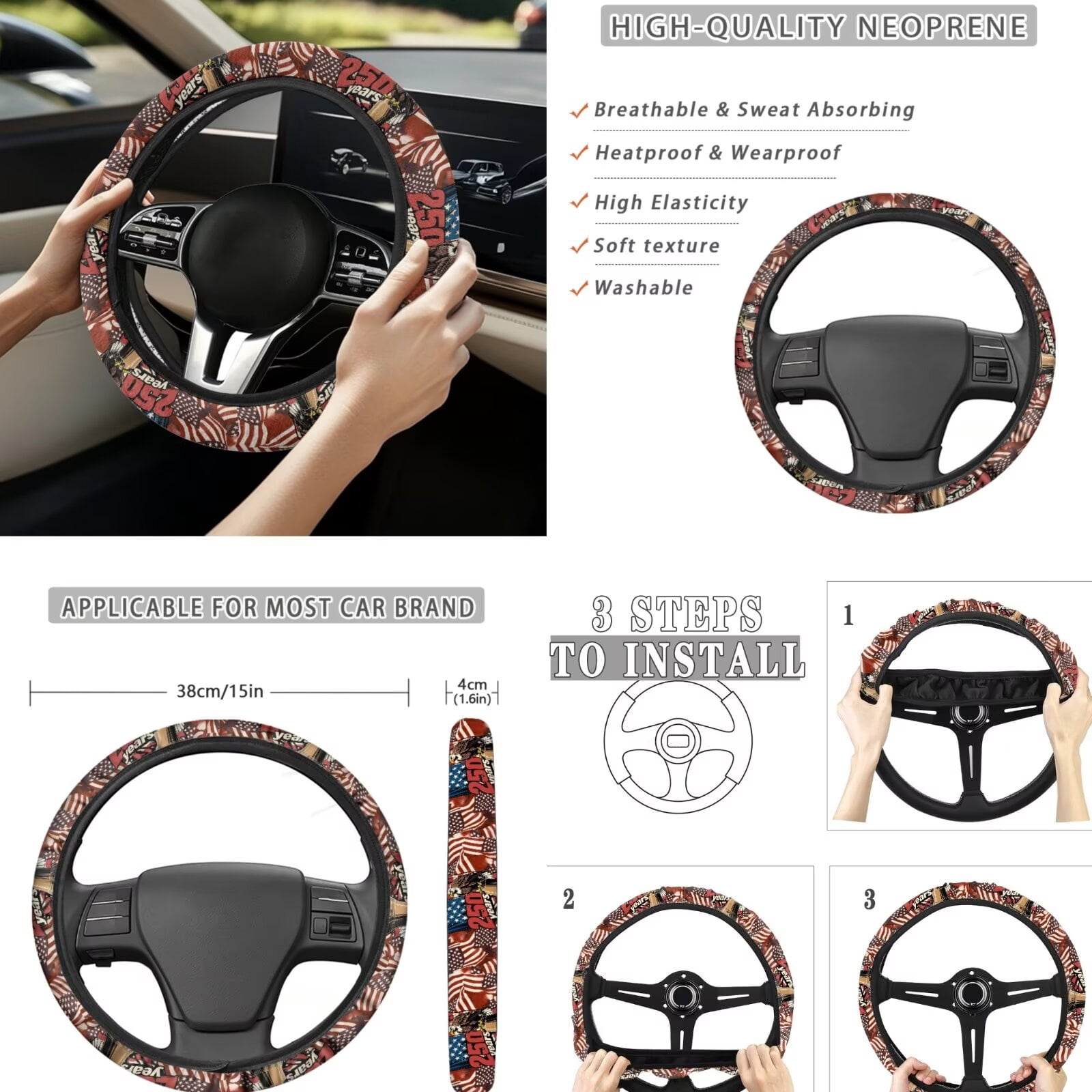 Jeiento 250th Anniversary Car Seat Covers Front Rear Split Bench Full Set Steering Wheel Seat Belt Pads American Eagle Armrest Pad Flag Coasters Key Chain, 13 PCS Auto Interior Accessories