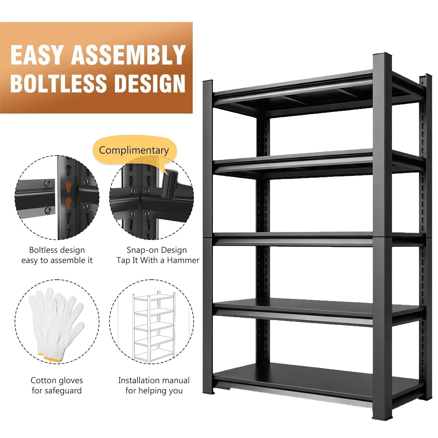 5-Tier Metal Industrial Storage Rack, Adjustable Shelving Storage Unit, Black Metal Shelving Rack Suitable for Living Room, Office, Bedroom and Kitchen