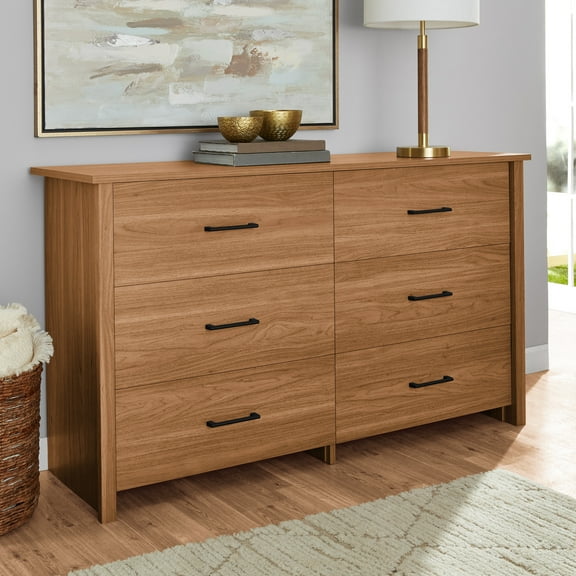 Mainstays Hillside 56.8" Wide 6-Drawer Dresser, Warm Walnut Finish