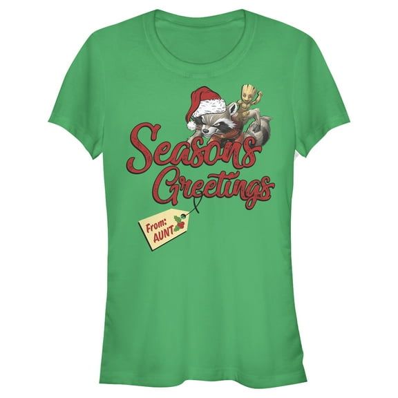 Junior's Marvel Christmas Rocket & Groot Aunt Greetings  Graphic Tee Kelly Green Medium