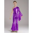 thumbnail image 4 of Aiihoo Kids Girls Shiny Metallic One Shoulder Flare Sleeve Dance Jumpsuit Unitard Bodysuit Purple 10, 4 of 7