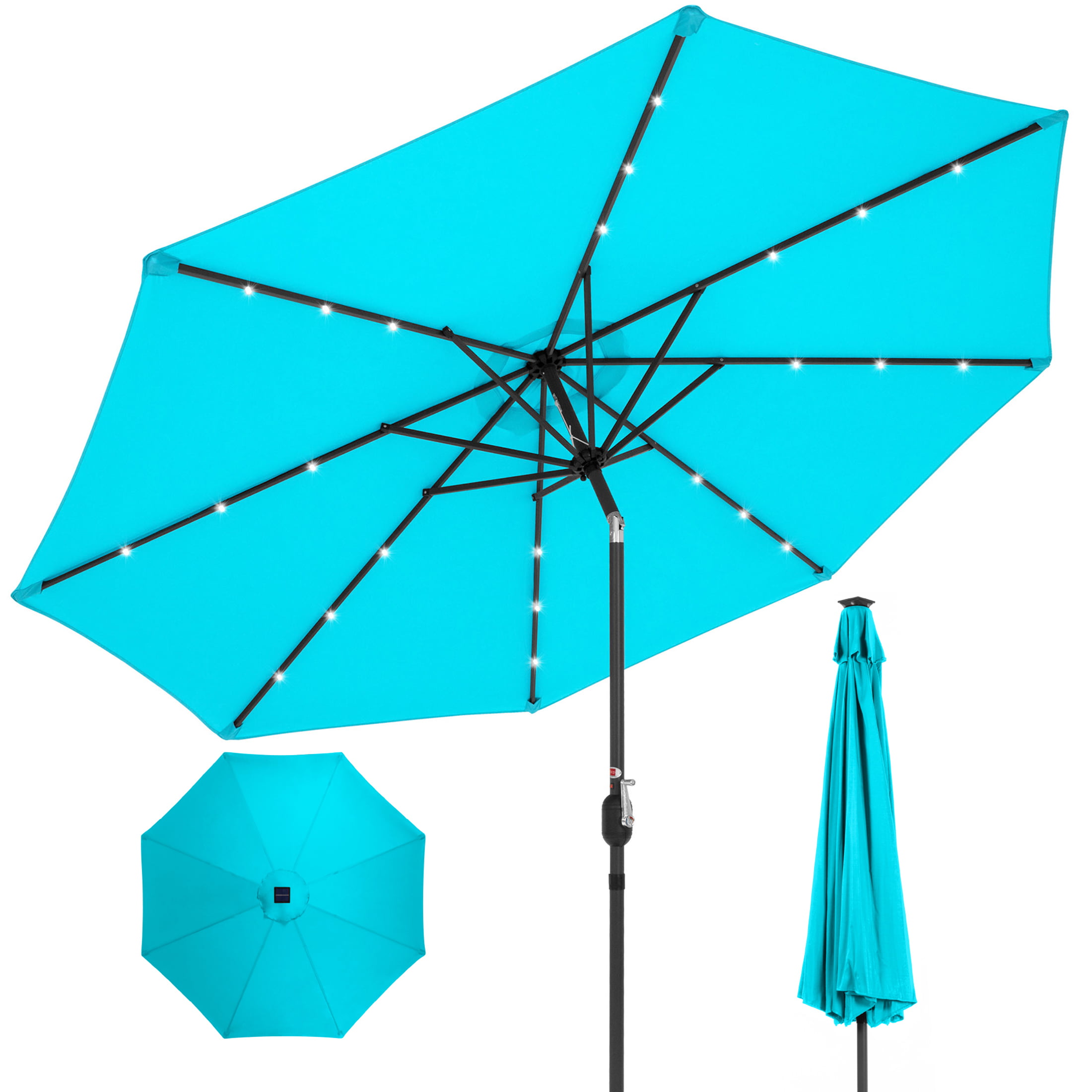 Patio Solar Umbrella LED Lighted 10ft Outdoor Tilt Lights Crank Powered Light 