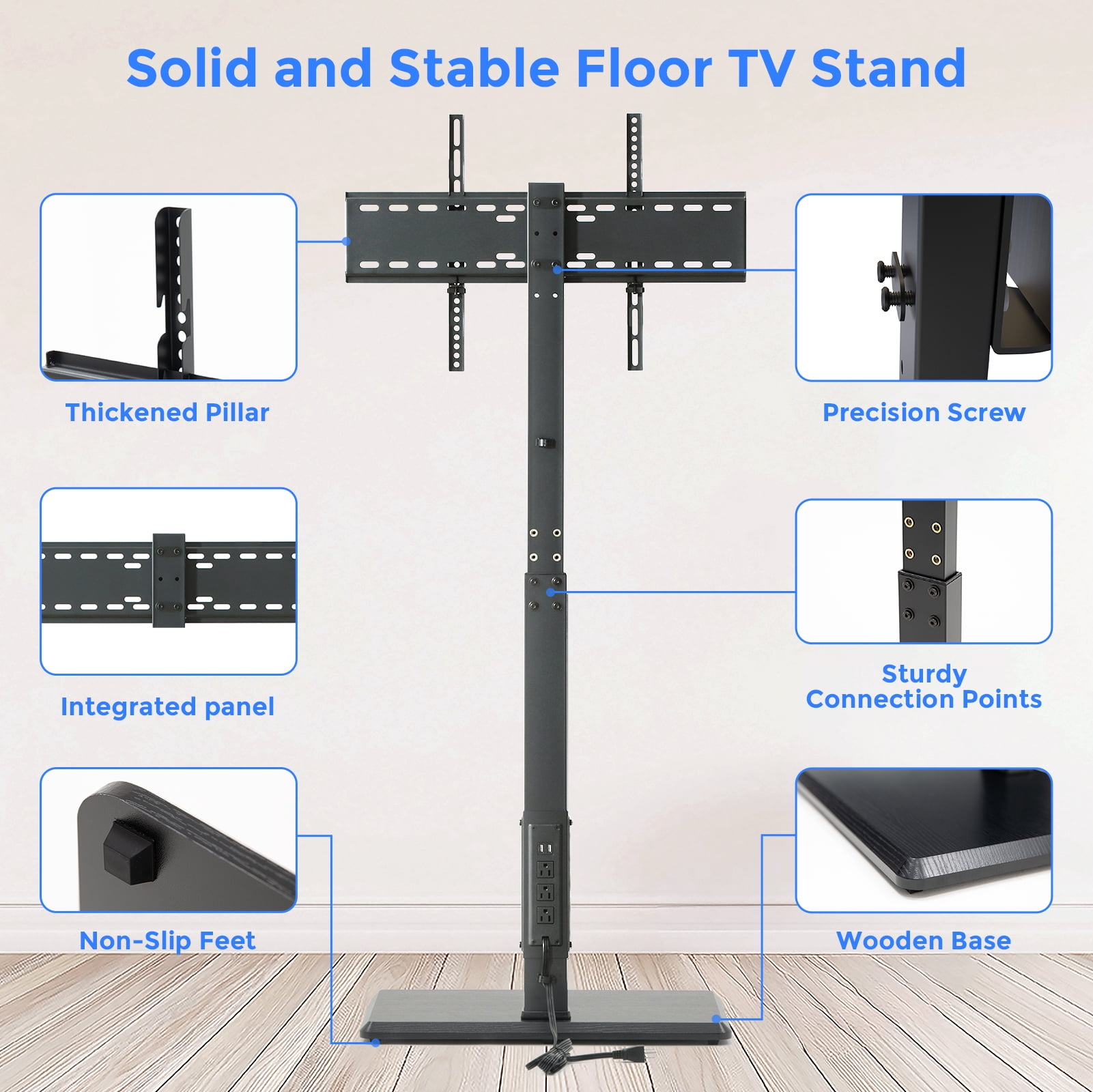 Universal Floor TV Stand,TV Floor Mount Stand with Power Outlet for 32-75 inch TV up to 110 lbs, Swivel and Height Adjustable Tall TV Stand for Bedroom,Office