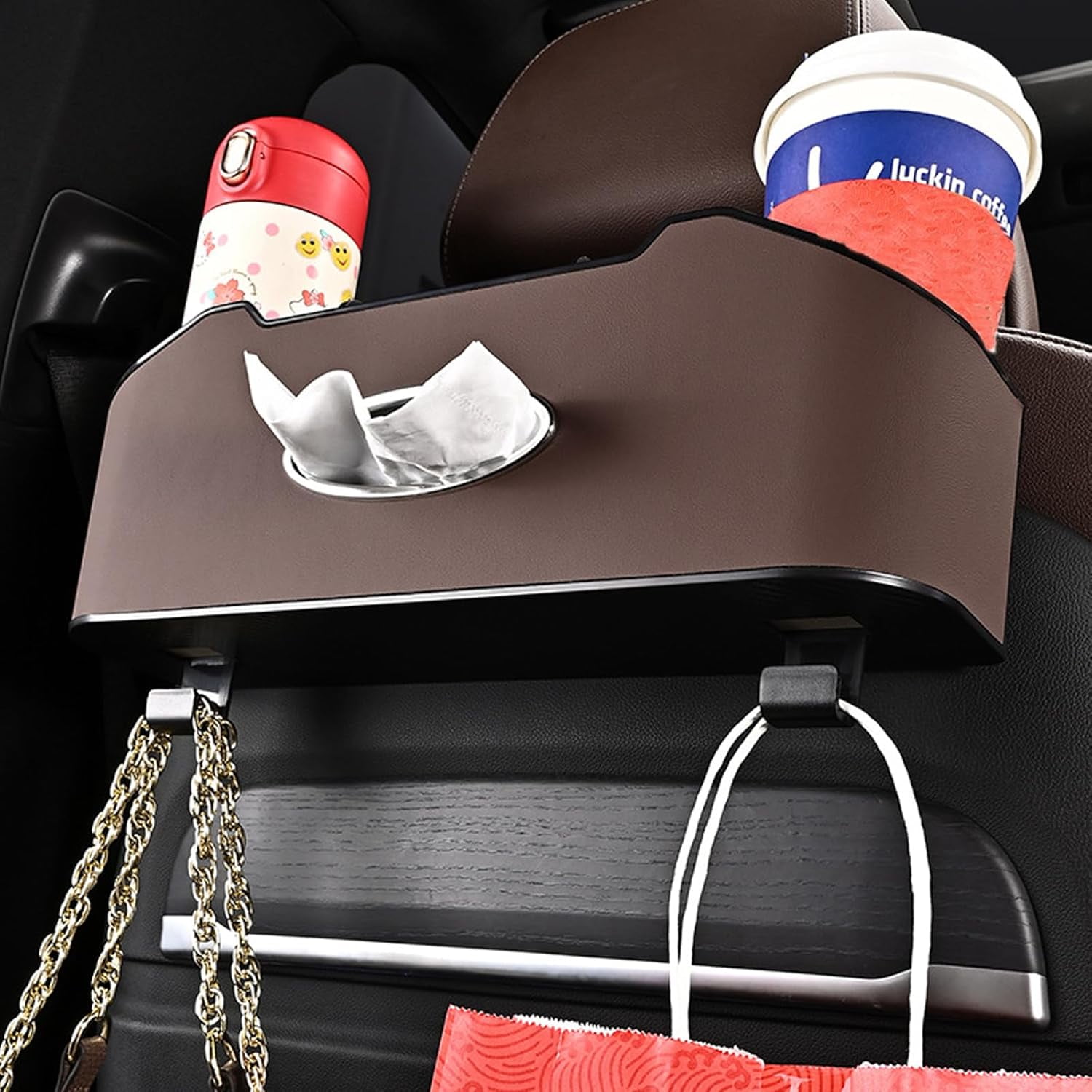 CEDQ Car Seat Back Organizer - Stylish & Functional Storage for Family Adventures - Cup Holders, Tissue Box & Hooks - Car Interior Accessories Perfect for Kids, Road Trips & Travel (Black)