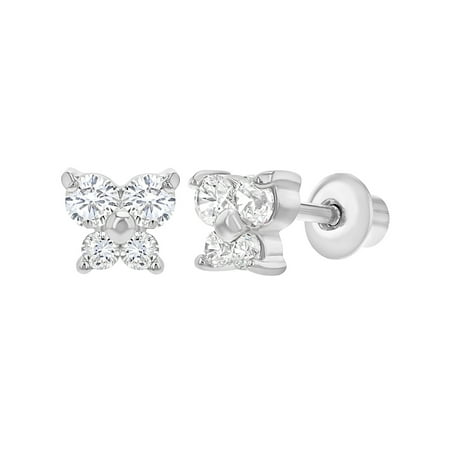 Small Butterfly Earrings - Rhodium Plated Small Butterfly Earrings with Screw On Backs for Girls Kids