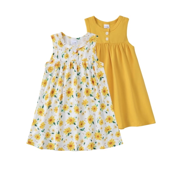 Infant Girls 2PCS Floral Dress 6 Months Girls Summer Dress 12 Months Girls Sundress Sleeveless Dress Solid Color Dress Yellow
