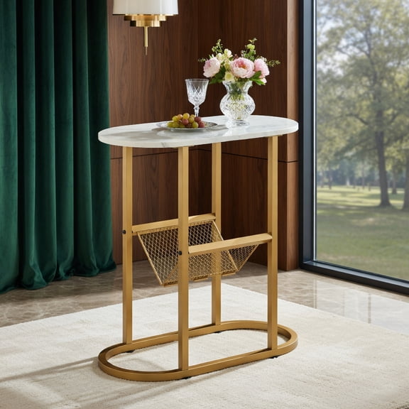 Topcobe 2-Tier Industrial Oval Side Table with Mesh Shelf, End Tables Living Room, Modern Furniture for Home-White
