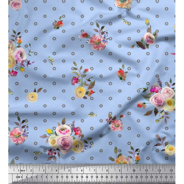 Soimoi Blue polyester Crepe Fabric Leaves,Small Circle & Floral Printed Fabric 1 Yard 52 Inch Wide