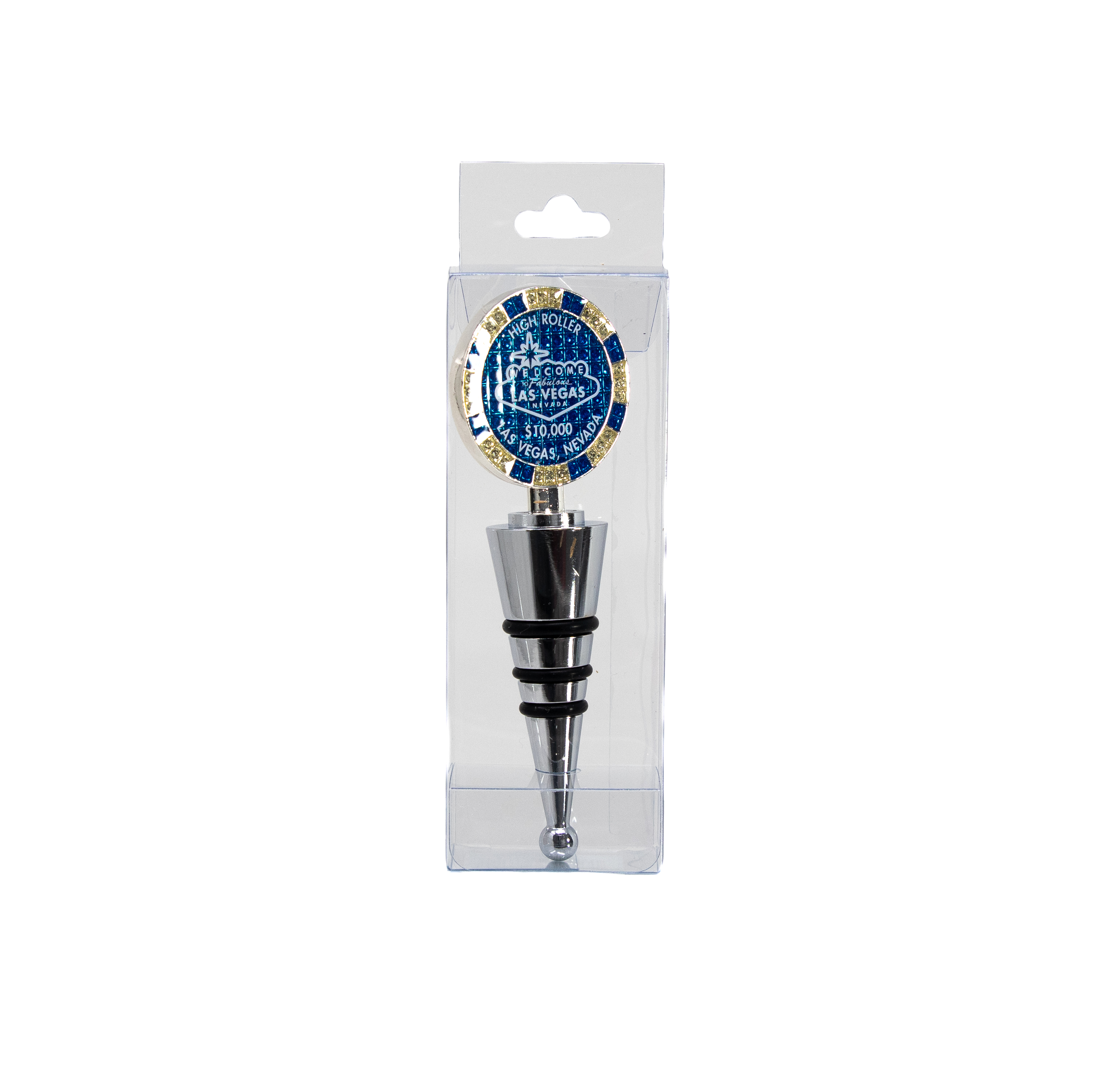 $10,000 Las Vegas Poker Chip Wine Stopper - Welcome to Las Vegas Sign Poker Chip Wine Stopper with Rubber Seal (Silver and Blue) - image 5 of 5