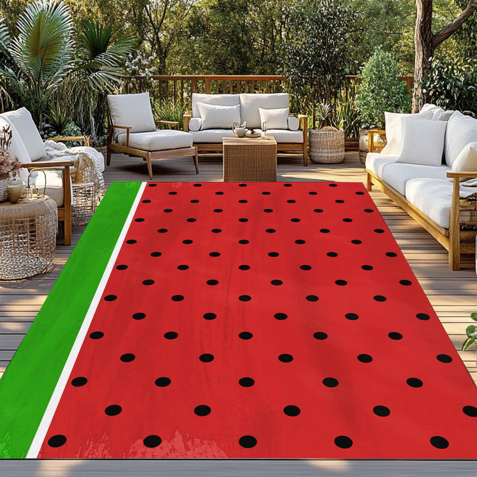 5' x 8' Outdoor Rug, Watermelon Outdoor Washable Rug Large Floor Carpet, Black Polka Dots Green Summer Fruits Non Shedding Area Rug for Outside Patio RV Porch Deck Balcony Camping Living Room