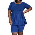 thumbnail image 1 of Conjunto de pantalones informales con parte superior plisada y cuello redondo de Color liso de manga corta de Color liso a la moda de verano para mujer Wmkox8yi  bvn1370, 1 of 4