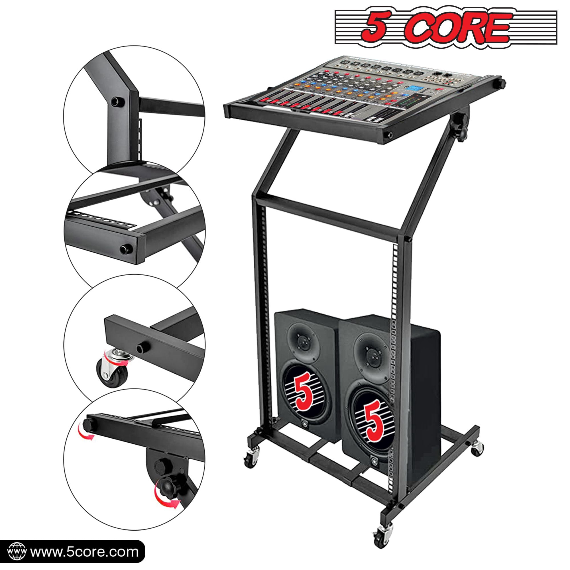 16U Professional Audio Rack Mount DJ Mixer Stand Studio Adjustable Table Cart with Wheels - RACK STAND 16U