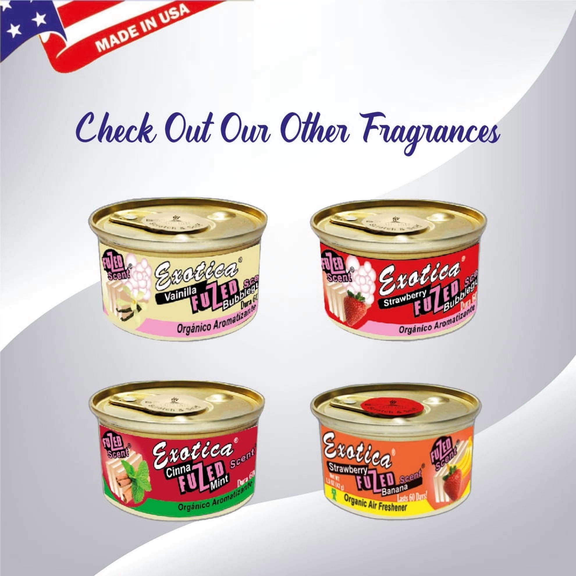 Exotica Car Air Freshener | Spill-proof Can | Organic | For Home & Auto | Long Lasting Freshness | (Pack of 12) (Fuzed: Cherry-Bubblegum)