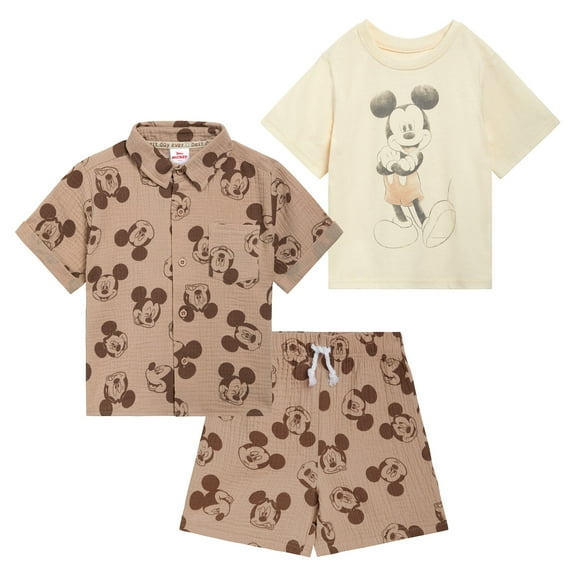 Disney Mickey Mouse Cotton Gauze Button Down Shirt, T-Shirt and Shorts 3 Piece Outfit Set Infant to Little Kid