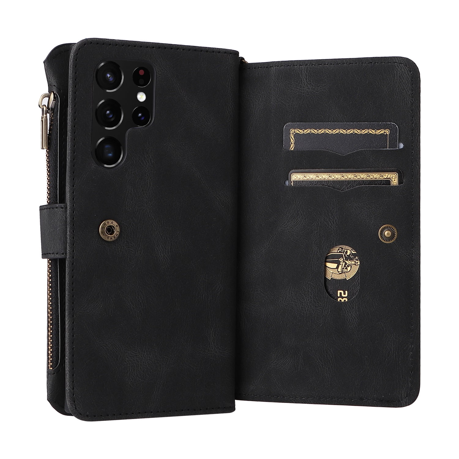 Phone Case for Samsung Galaxy S22 Ultra, S22 Ultra Wallet Case, Luxury Folio Flip Leather Cover [Zipper Pocket] [Wrist Strap] [Kickstand] for Samsung Galaxy S22 Ultra, Black