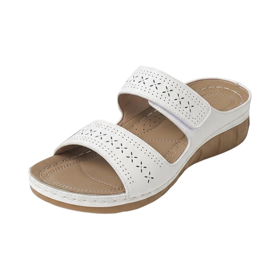 BRICH Women's Dual Strap Wedge Slide Sandals 2026 Slip on Flats Open Toe Adjustable Hollow out Leather Low Wedge Heel Non Slip Walking Shoes White 8.5