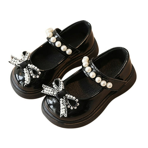 2022 Toddler Girls Pearls Bow Patent Leather Dress Shoes Wedding Gown Flat Shoes
