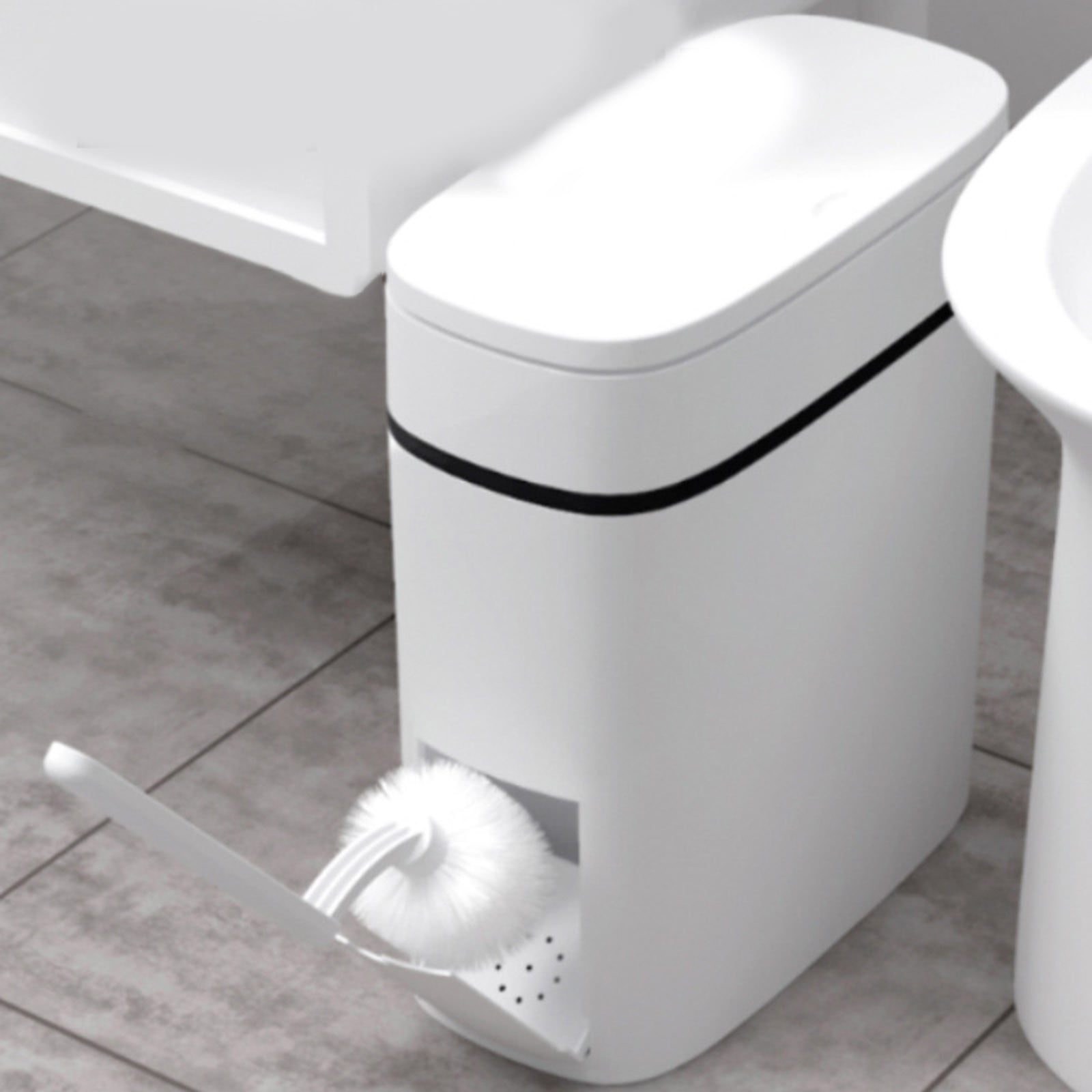 Slim Bathroom Can with Lid & Integrated Toilet Brush Set, Odor-Sealing Garbage Can with Paper Holder, Space-Saving for RV & Small Bathrooms