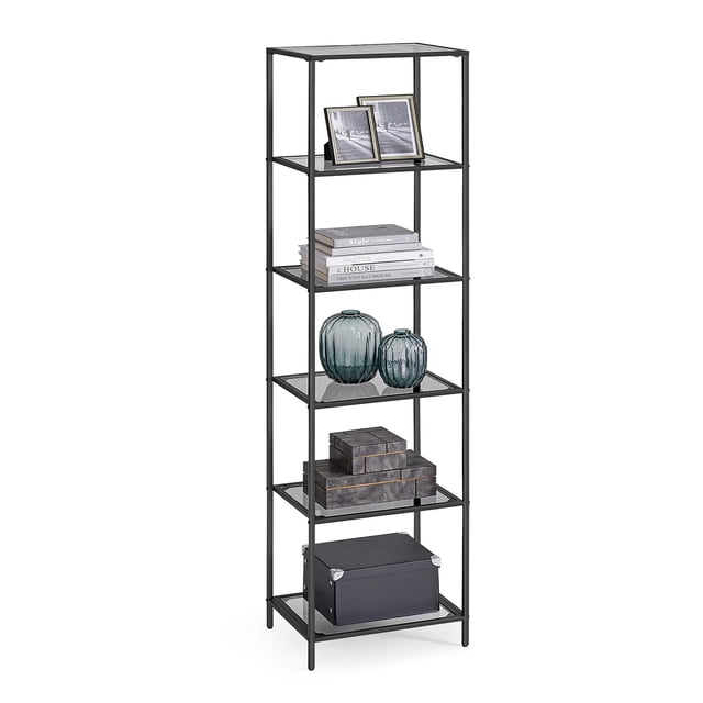VASAGLE Estantería de Cristal de 6 Niveles, Librería, Expositor, Cristal Templado, Baño, Salón, Dormitorio, Oficina, Negro y Gris Pizarra