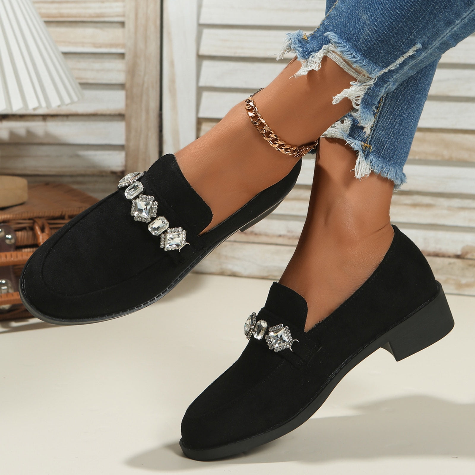 Suede Loafers for Women Comfortable Slip On Glitter Rhinestone Dress Shoes Block Low Heel Non Slip Fall Shoes Black Size 9