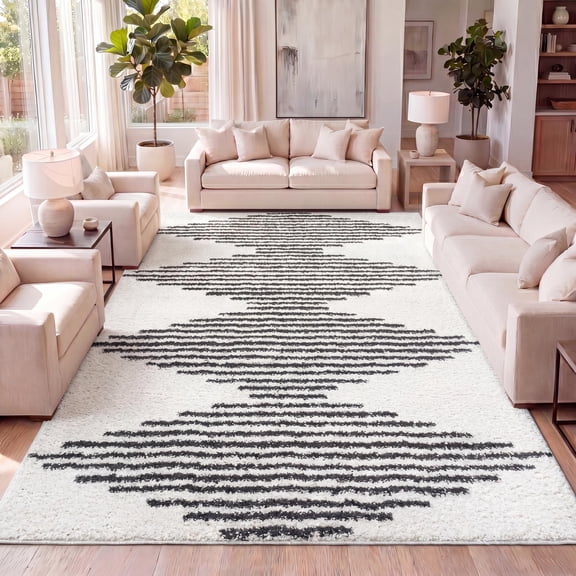 JONATHAN Y MOROCCAN HYPE 5 x 8 Area Rug, Elm Diamond Stripe Geometric Shag - White/Gray, MOH408A-5